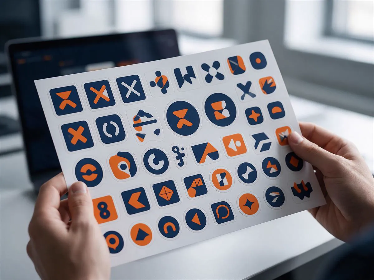 Manos sosteniendo un pliego de stickers corporativos en azul y naranja