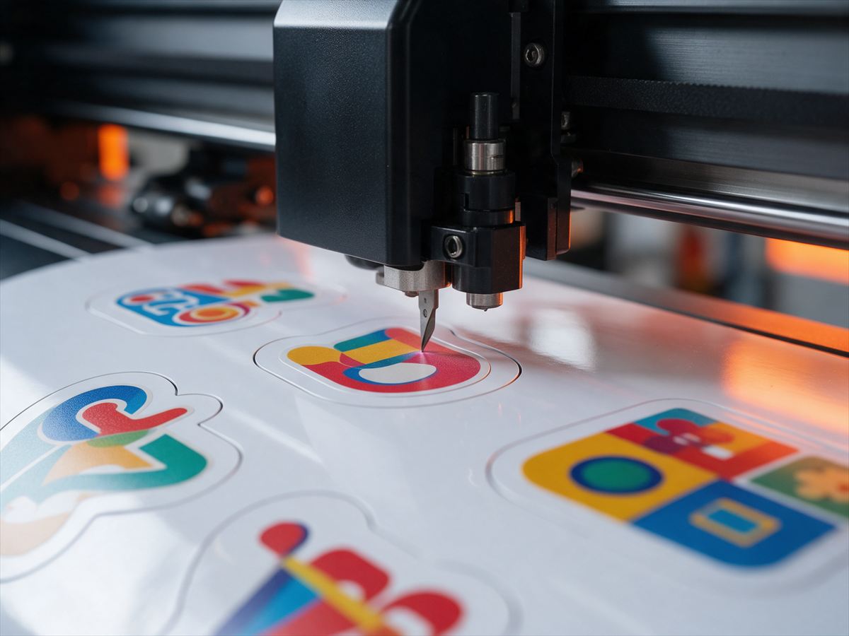 Plotter cortando stickers impresos